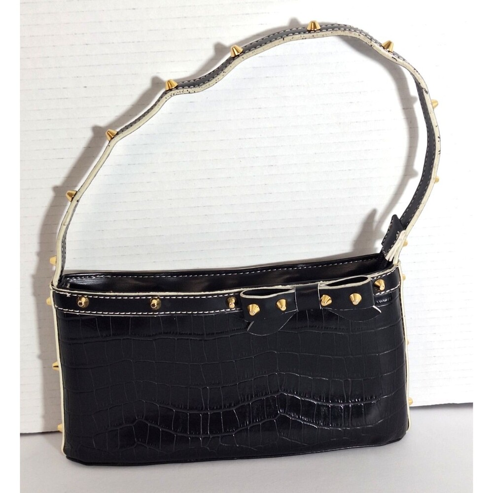 Y2K Pebbled Leather Shoulder Bag with Bow Studded Gothic Grunge Festival Y2K